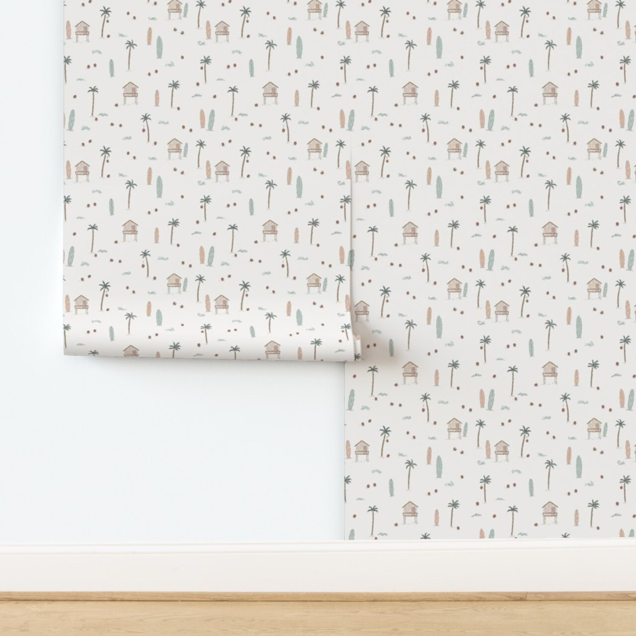Boho Beach House Surfboard Quirky Coconut Hut Palm Tree Waves Sand And Sea Novelty Neutral Swimsuit Blush Beachwear Fun Cute Summer Whimsical Custom Removable Wallpaper by Spoonflower Peel & Stick Wallpaper 2FT Wide